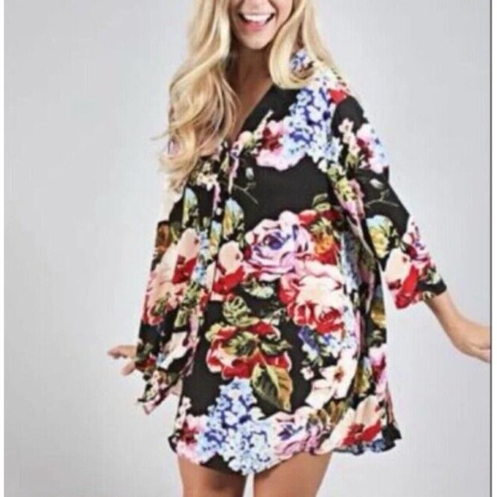 Show Me Your MUMU Kimono Duster Top Cover Up Black Floral Multi Small NEW